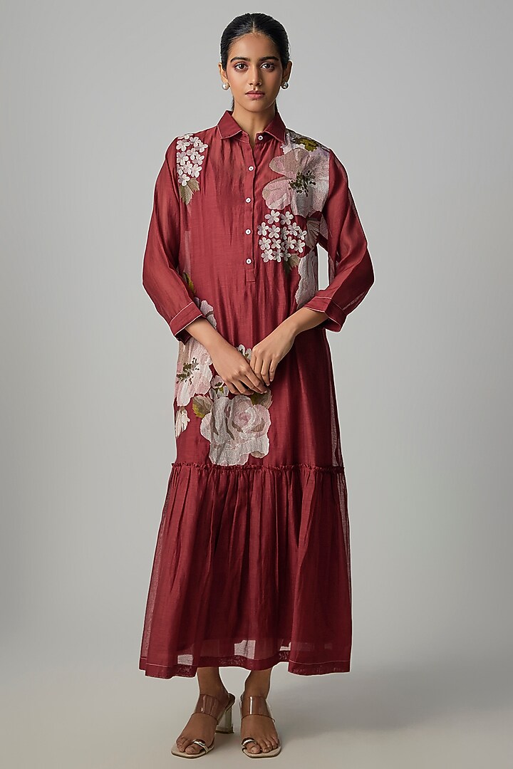 Deep Red Fine Chanderi Embroidered Flapper Midi Shirt Tunic by Half Full Curve at Pernia's Pop Up Shop