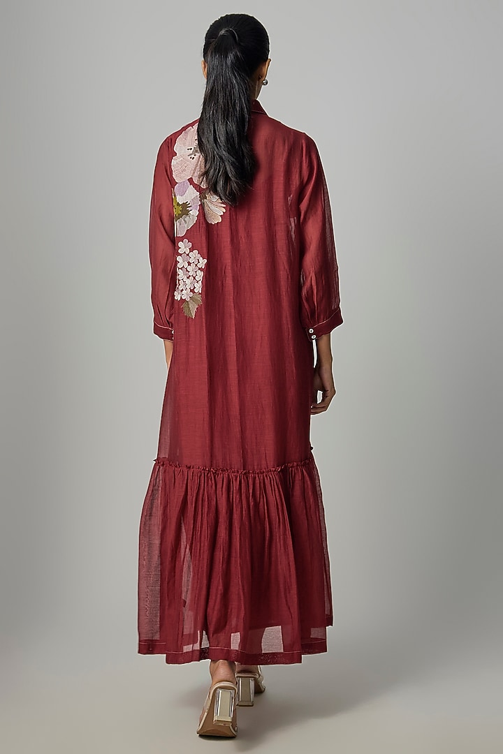 Deep Red Fine Chanderi Embroidered Flapper Midi Shirt Tunic by Half Full Curve at Pernia's Pop Up Shop