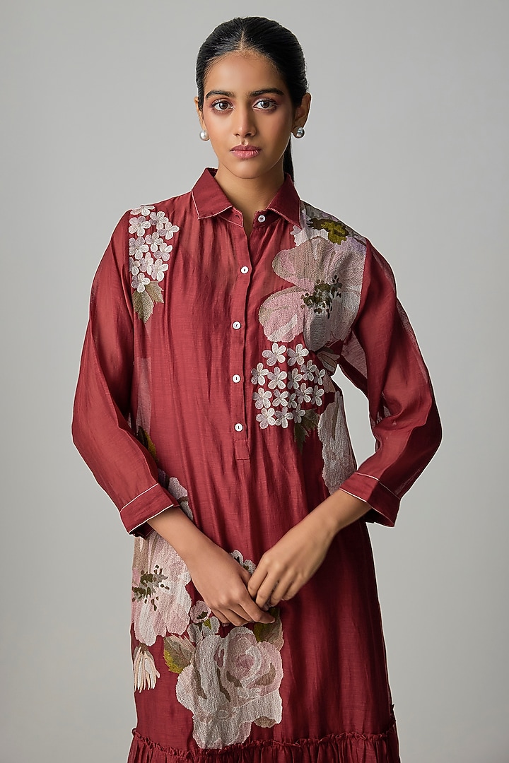 Deep Red Fine Chanderi Embroidered Flapper Midi Shirt Tunic by Half Full Curve at Pernia's Pop Up Shop