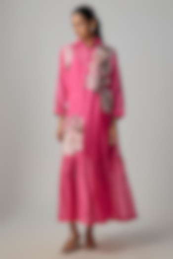 Hot Pink Fine Chanderi Embroidered Flapper Midi Shirt Tunic by Half Full Curve at Pernia's Pop Up Shop