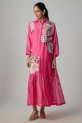 Hot Pink Fine Chanderi Embroidered Flapper Midi Shirt Tunic by Half Full Curve