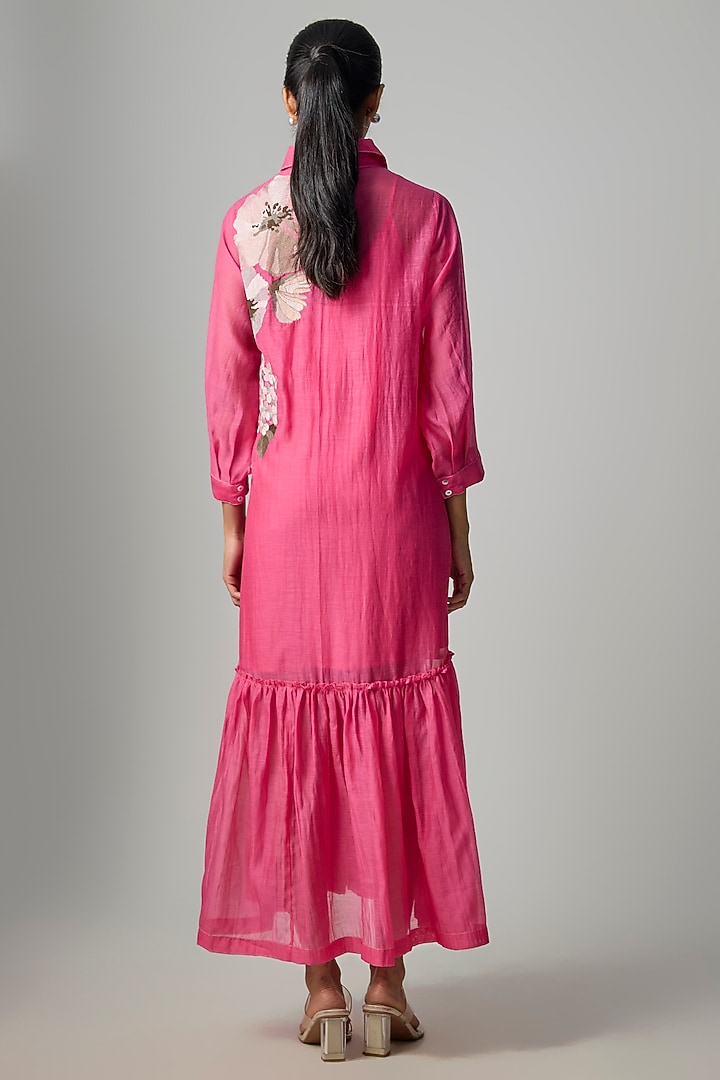 Hot Pink Fine Chanderi Embroidered Flapper Midi Shirt Tunic by Half Full Curve at Pernia's Pop Up Shop