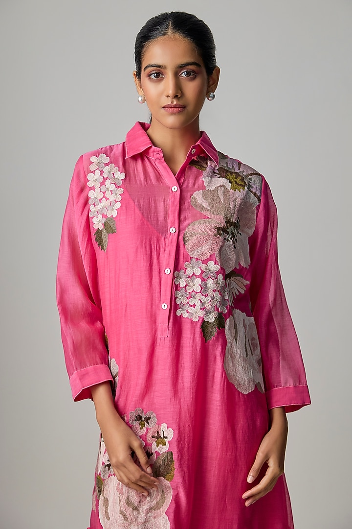 Hot Pink Fine Chanderi Embroidered Flapper Midi Shirt Tunic by Half Full Curve at Pernia's Pop Up Shop