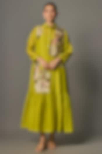 Lime Green Fine Chanderi Embroidered Flapper Midi Shirt Tunic by Half Full Curve at Pernia's Pop Up Shop