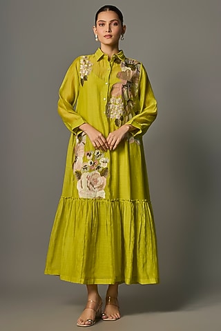 Lime Green Fine Chanderi Embroidered Flapper Midi Shirt Tunic by Half Full Curve