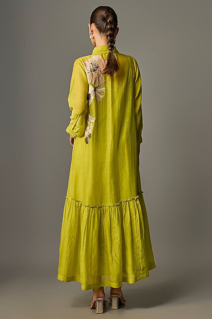 Lime Green Fine Chanderi Embroidered Flapper Midi Shirt Tunic by Half Full Curve at Pernia's Pop Up Shop