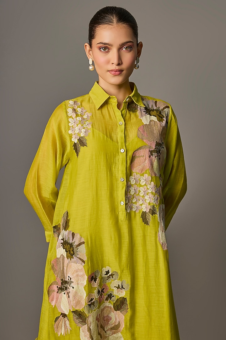 Lime Green Fine Chanderi Embroidered Flapper Midi Shirt Tunic by Half Full Curve at Pernia's Pop Up Shop