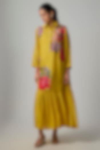 Mustard Fine Chanderi Embroidered Flapper Midi Shirt Tunic by Half Full Curve at Pernia's Pop Up Shop