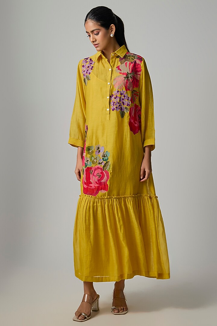 Mustard Fine Chanderi Embroidered Flapper Midi Shirt Tunic by Half Full Curve at Pernia's Pop Up Shop