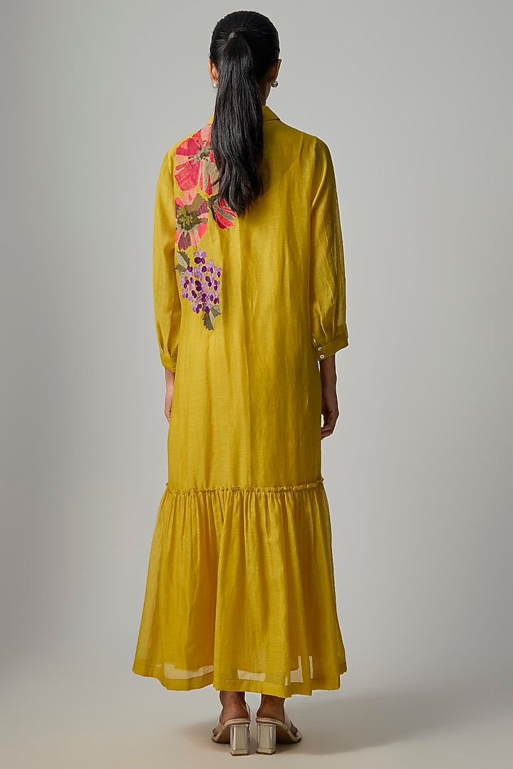 Mustard Fine Chanderi Embroidered Flapper Midi Shirt Tunic by Half Full Curve at Pernia's Pop Up Shop