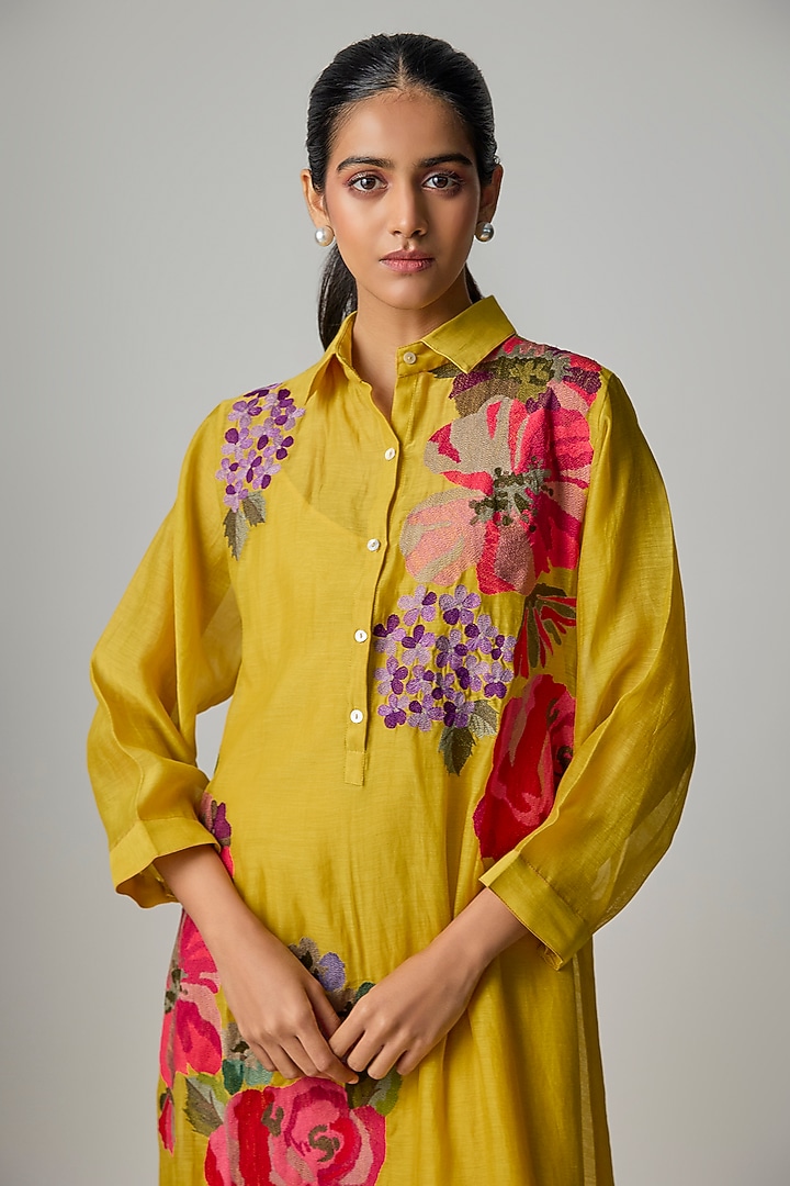 Mustard Fine Chanderi Embroidered Flapper Midi Shirt Tunic by Half Full Curve at Pernia's Pop Up Shop