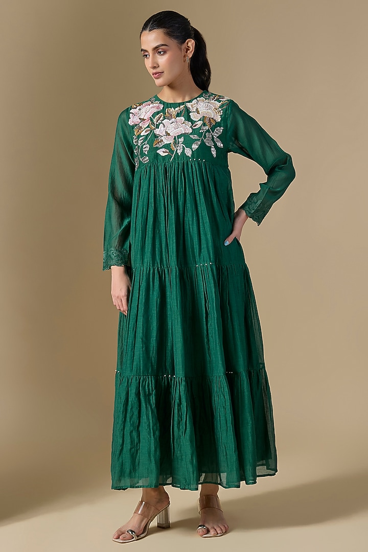 Green Fine Chanderi Hand Embroidered Vacation Dress by Half Full Curve at Pernia's Pop Up Shop