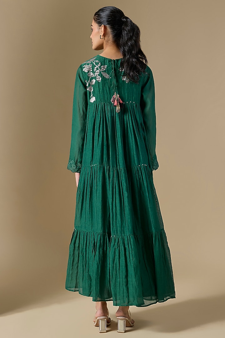 Green Fine Chanderi Hand Embroidered Vacation Dress by Half Full Curve at Pernia's Pop Up Shop