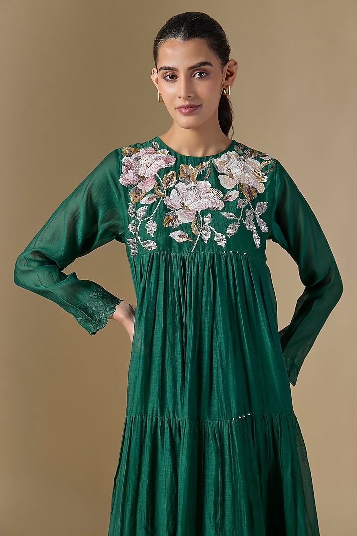 Green Fine Chanderi Hand Embroidered Vacation Dress by Half Full Curve at Pernia's Pop Up Shop