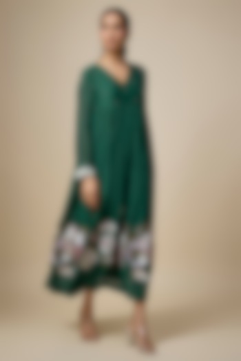 Green Fine Chanderi Hand & Machine Embroidered Flared Midi Cocktail Dress by Half Full Curve at Pernia's Pop Up Shop