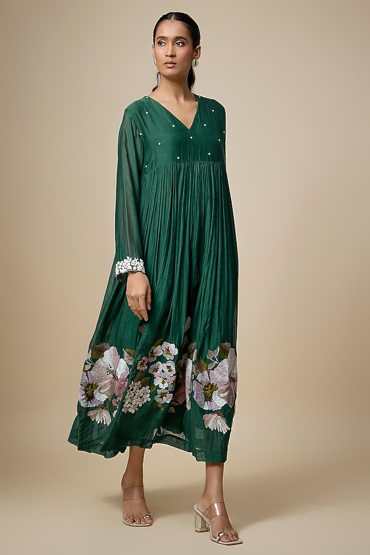 Green Fine Chanderi Hand & Machine Embroidered Flared Midi Cocktail Dress by Half Full Curve at Pernia's Pop Up Shop
