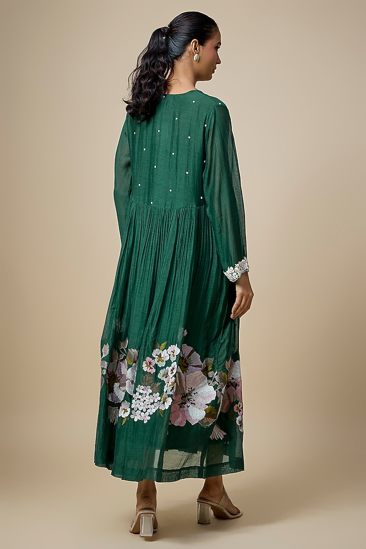 Green Fine Chanderi Hand & Machine Embroidered Flared Midi Cocktail Dress by Half Full Curve at Pernia's Pop Up Shop
