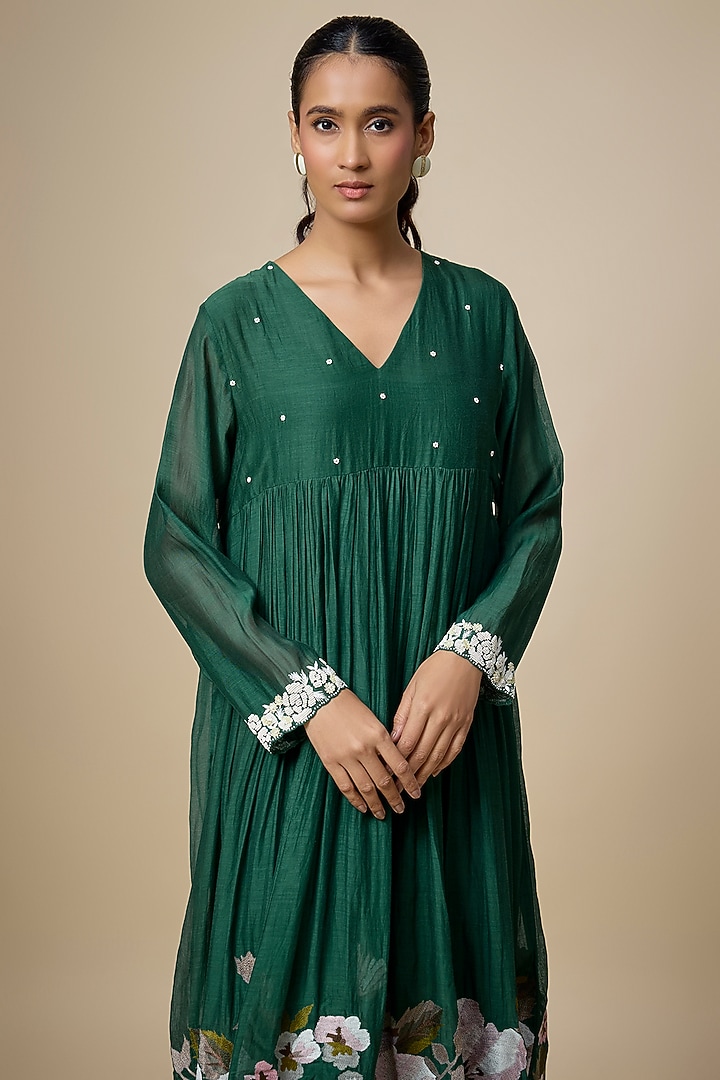 Green Fine Chanderi Hand & Machine Embroidered Flared Midi Cocktail Dress by Half Full Curve at Pernia's Pop Up Shop