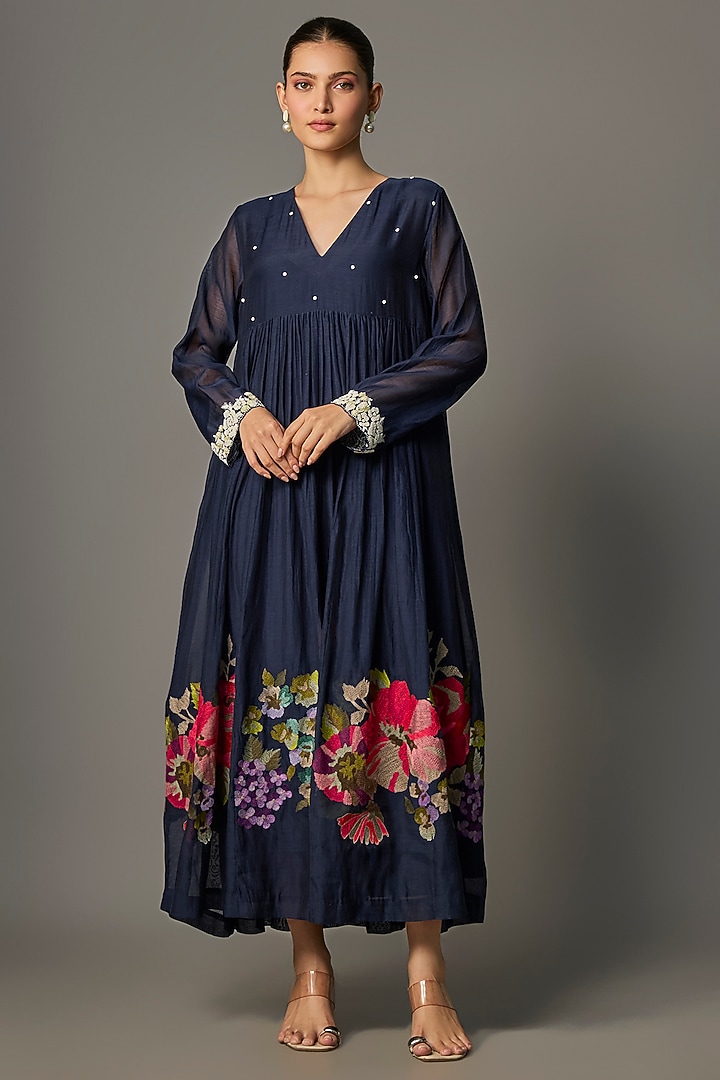 Blue Fine Chanderi Embroidered Flared Tunic by Half Full Curve at Pernia's Pop Up Shop