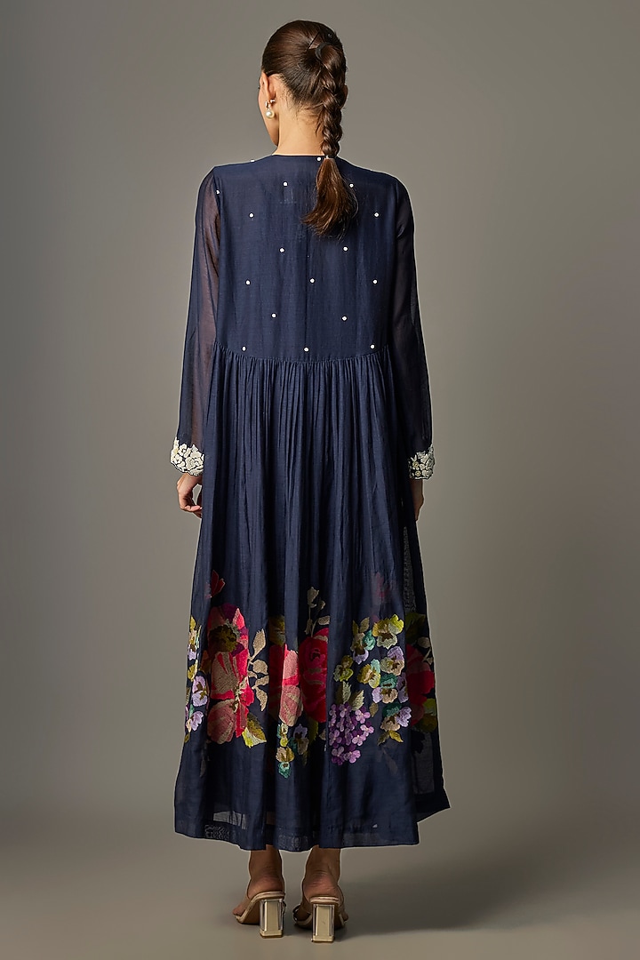 Blue Fine Chanderi Embroidered Flared Tunic by Half Full Curve at Pernia's Pop Up Shop