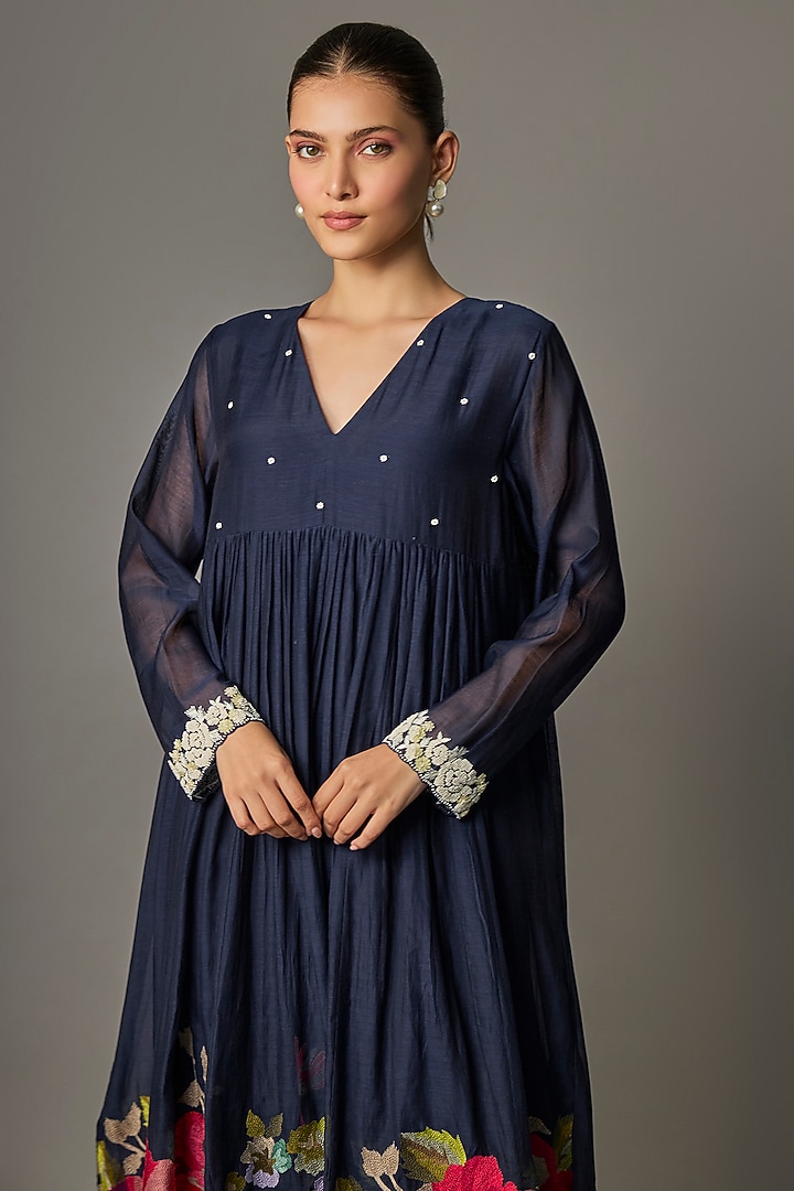 Blue Fine Chanderi Embroidered Flared Tunic by Half Full Curve at Pernia's Pop Up Shop