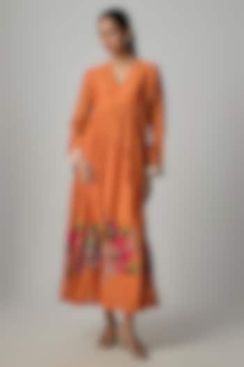Orange Fine Chanderi Embroidered Flared Tunic by Half Full Curve at Pernia's Pop Up Shop