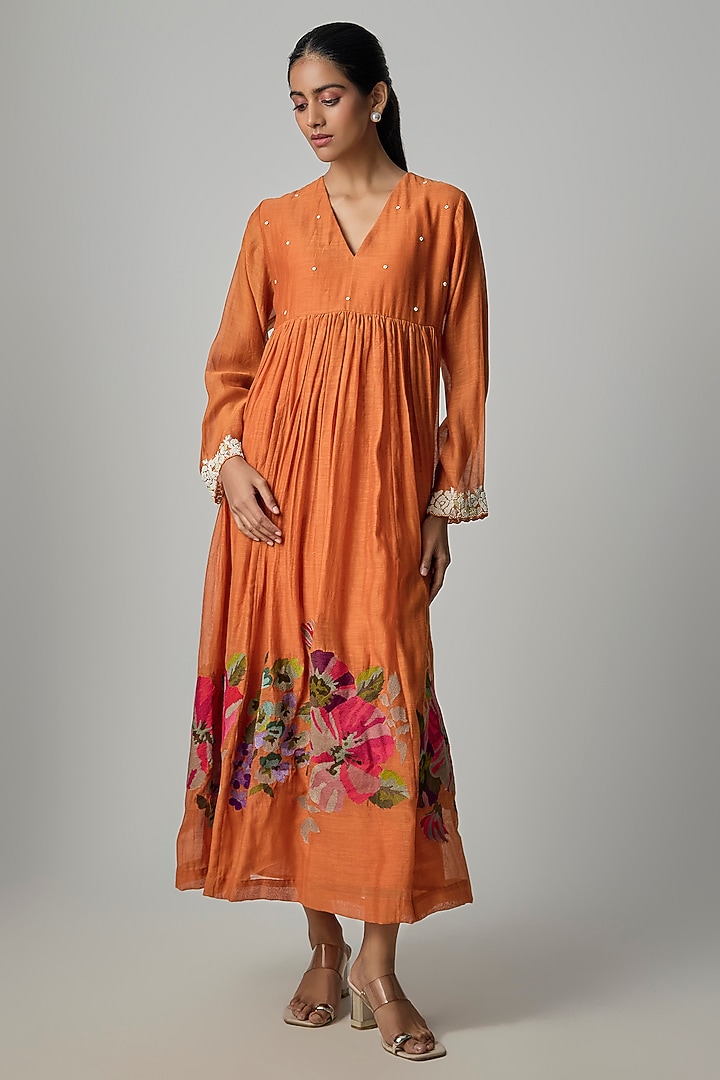 Orange Fine Chanderi Embroidered Flared Tunic by Half Full Curve at Pernia's Pop Up Shop