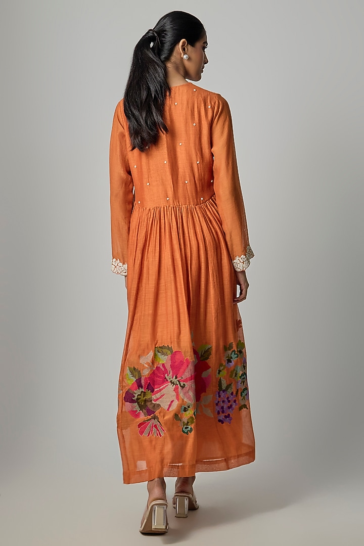 Orange Fine Chanderi Embroidered Flared Tunic by Half Full Curve at Pernia's Pop Up Shop