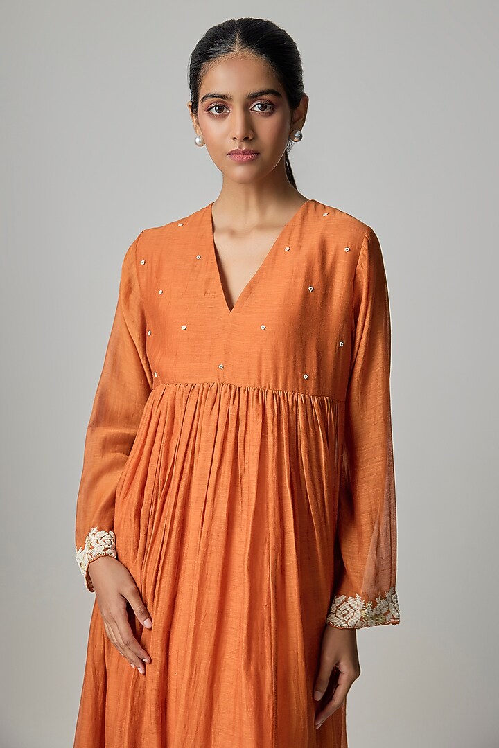 Orange Fine Chanderi Embroidered Flared Tunic by Half Full Curve at Pernia's Pop Up Shop