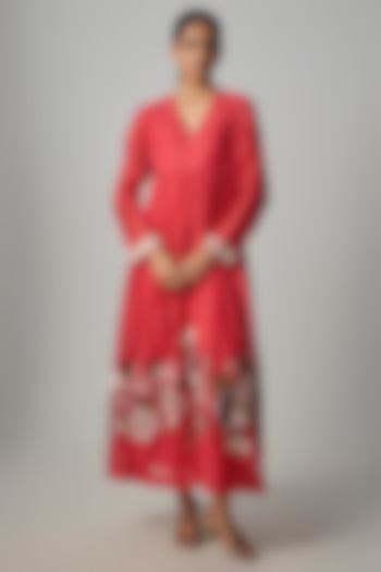 Red Fine Chanderi Embroidered Flared Tunic by Half Full Curve at Pernia's Pop Up Shop