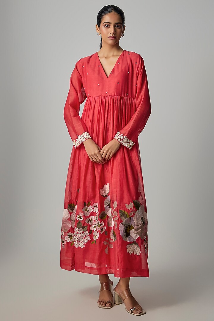 Red Fine Chanderi Embroidered Flared Tunic by Half Full Curve at Pernia's Pop Up Shop
