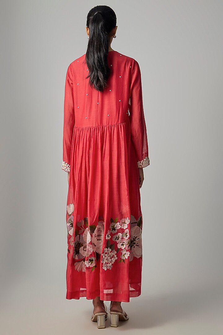 Red Fine Chanderi Embroidered Flared Tunic by Half Full Curve at Pernia's Pop Up Shop