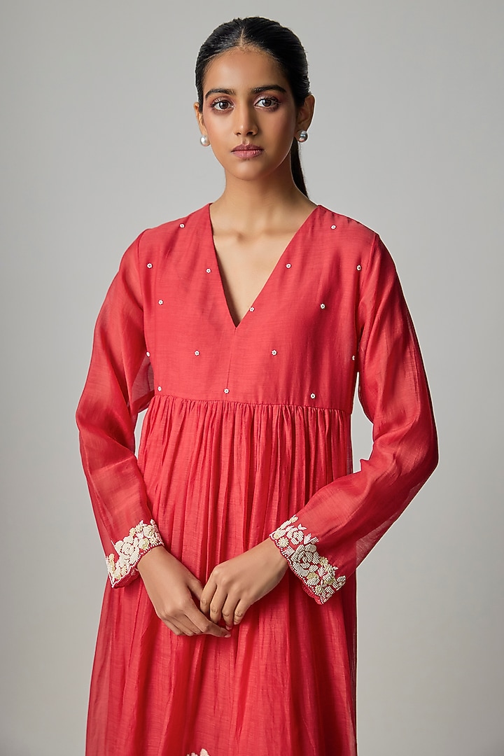 Red Fine Chanderi Embroidered Flared Tunic by Half Full Curve at Pernia's Pop Up Shop