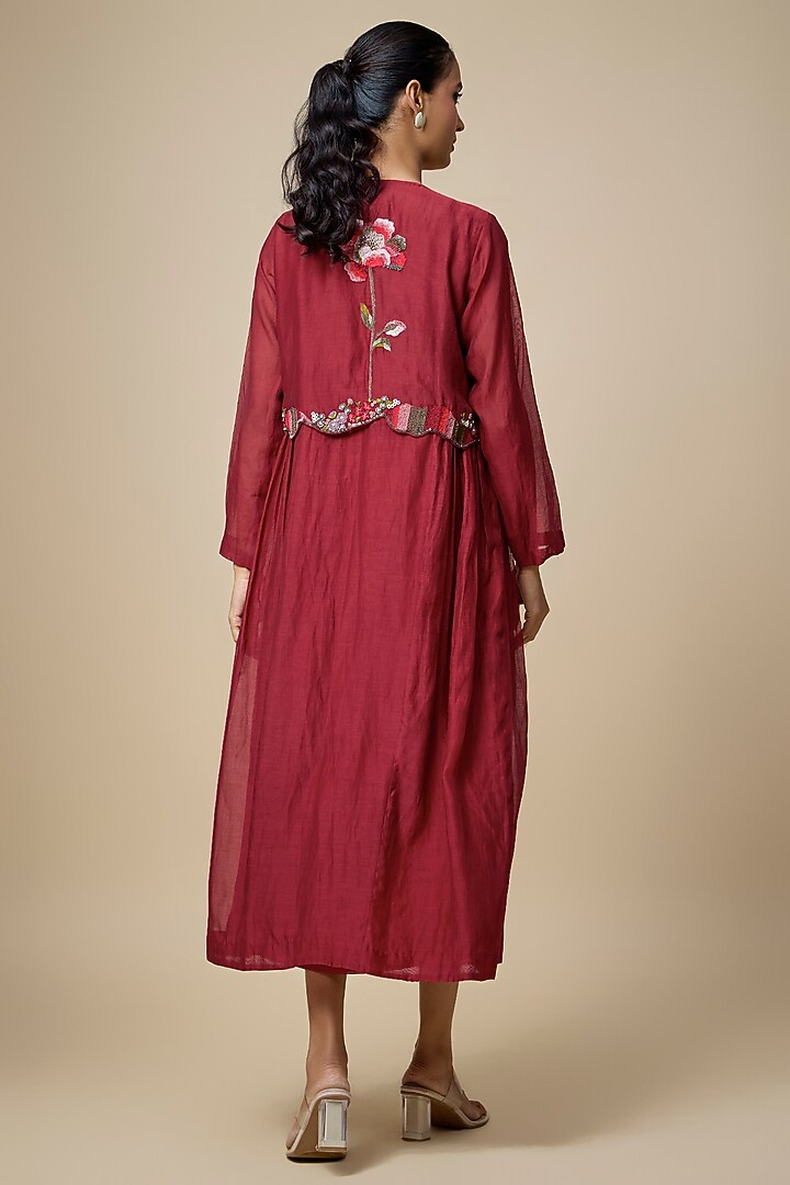 Red Fine Chanderi Hand Embroidered Jacket Set by Half Full Curve at Pernia's Pop Up Shop