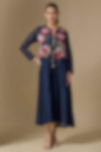 Blue Fine Chanderi Hand Embroidered Jacket Cocktail Dress by Half Full Curve at Pernia's Pop Up Shop