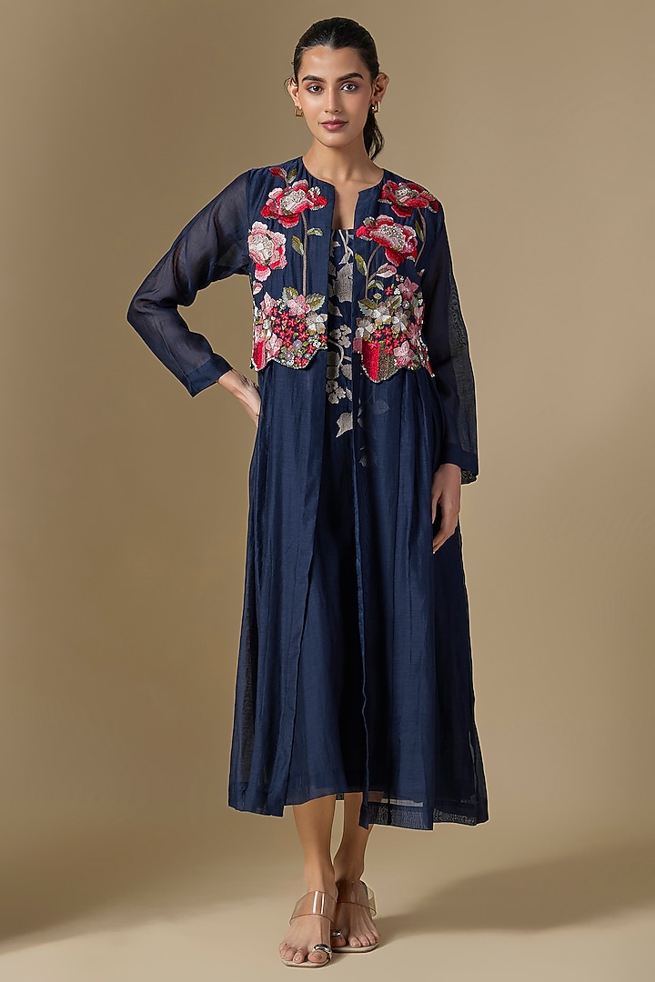 Blue Fine Chanderi Hand Embroidered Jacket Cocktail Dress by Half Full Curve at Pernia's Pop Up Shop