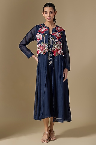 Blue Fine Chanderi Hand Embroidered Jacket Dress by Half Full Curve
