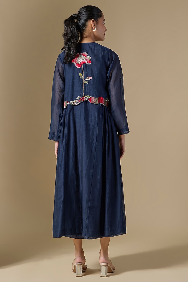Blue Fine Chanderi Hand Embroidered Jacket Cocktail Dress by Half Full Curve at Pernia's Pop Up Shop
