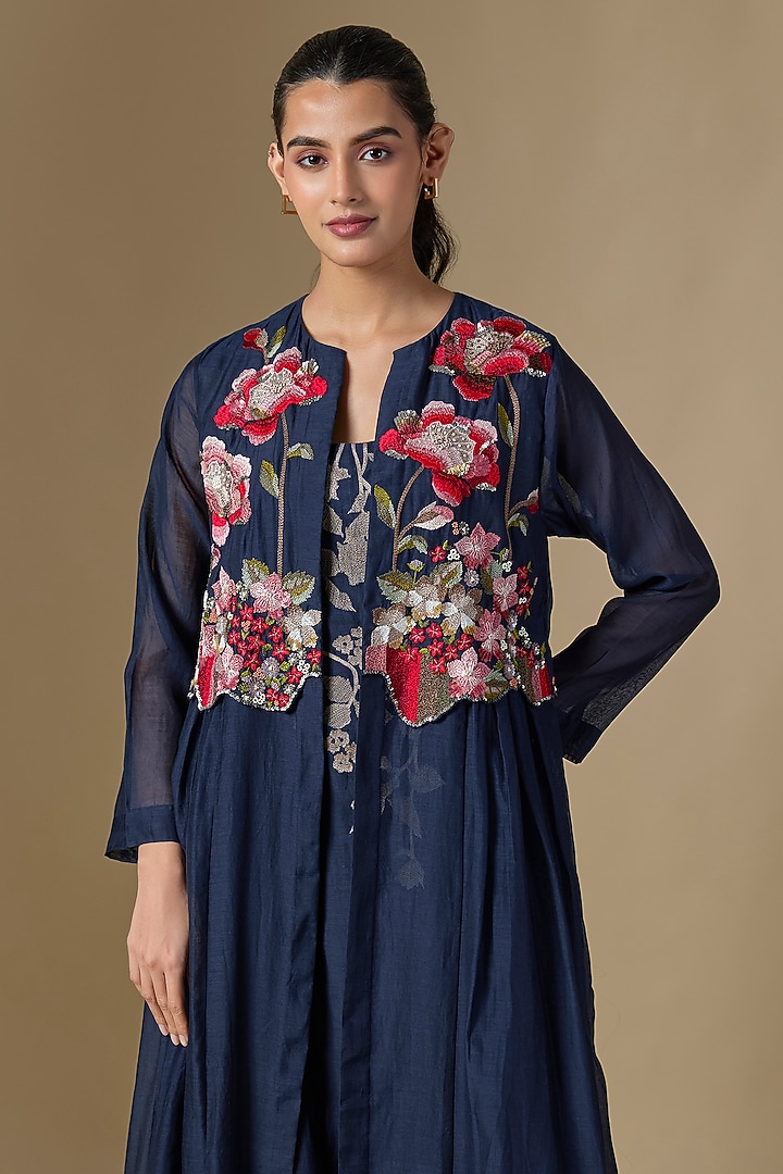 Blue Fine Chanderi Hand Embroidered Jacket Cocktail Dress by Half Full Curve at Pernia's Pop Up Shop