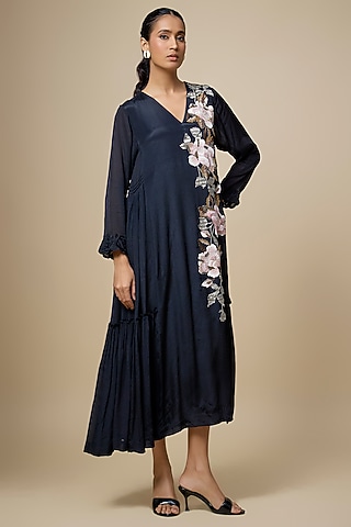 Black Crepe Chiffon Hand Embroidered Paneled Dress by Half Full Curve