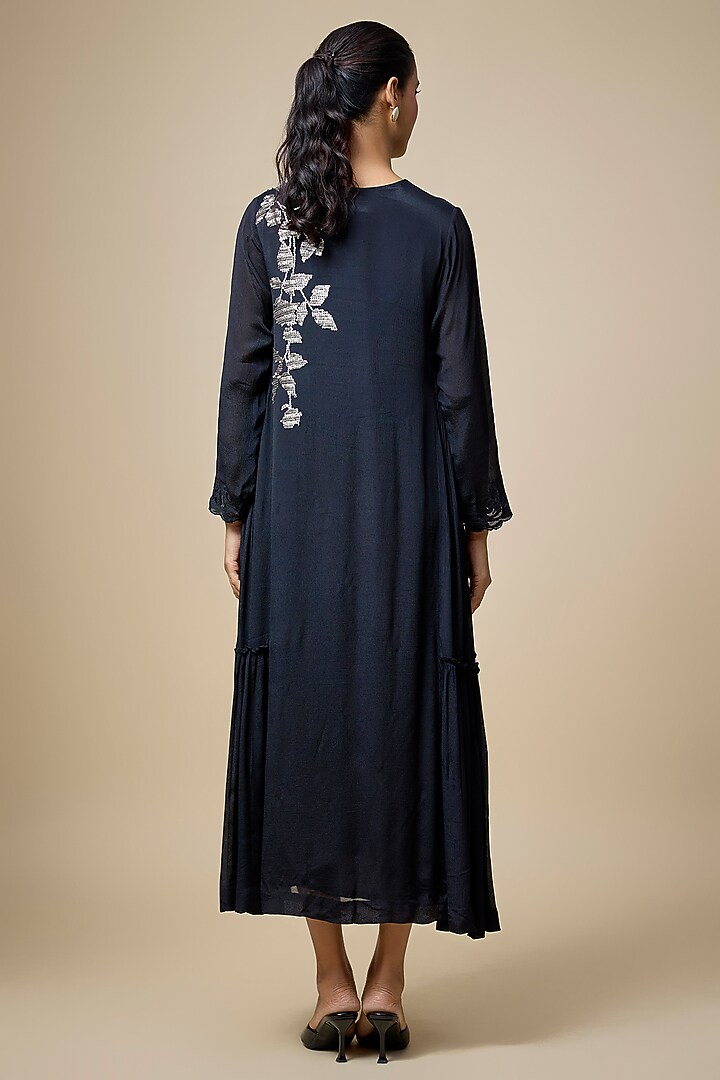 Black Crepe Chiffon Hand Embroidered Paneled Vacation Dress by Half Full Curve at Pernia's Pop Up Shop