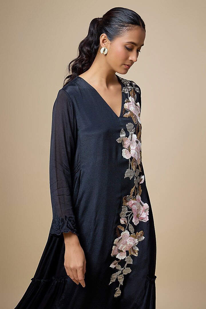 Black Crepe Chiffon Hand Embroidered Paneled Vacation Dress by Half Full Curve at Pernia's Pop Up Shop