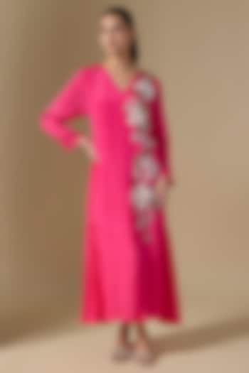 Pink Crepe Chiffon Hand Embroidered Panel Vacation Dress by Half Full Curve at Pernia's Pop Up Shop