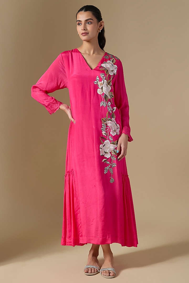 Pink Crepe Chiffon Hand Embroidered Panel Vacation Dress by Half Full Curve at Pernia's Pop Up Shop