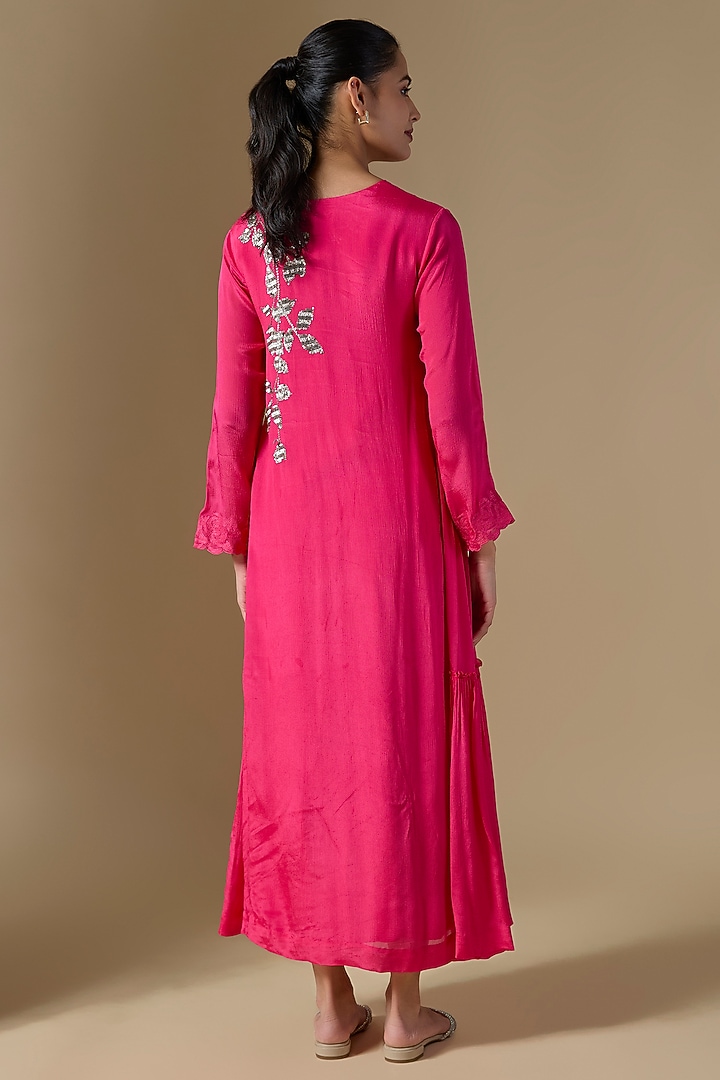 Pink Crepe Chiffon Hand Embroidered Panel Vacation Dress by Half Full Curve at Pernia's Pop Up Shop