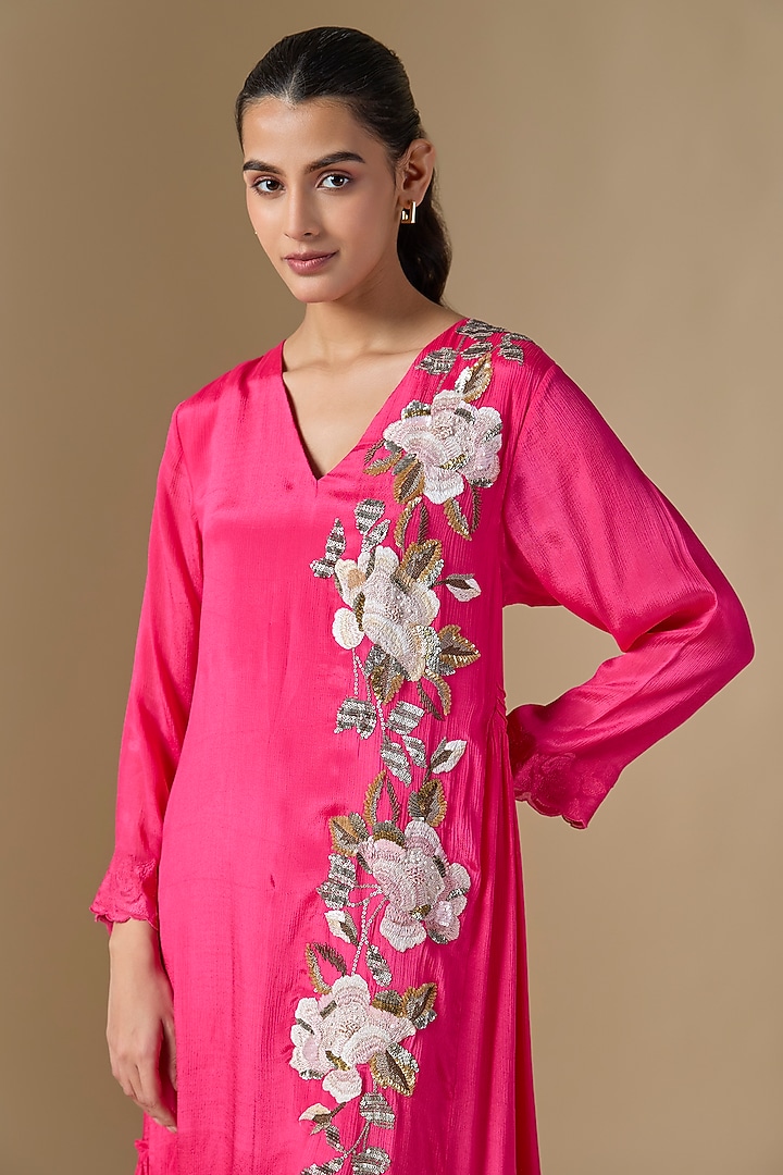 Pink Crepe Chiffon Hand Embroidered Panel Vacation Dress by Half Full Curve at Pernia's Pop Up Shop