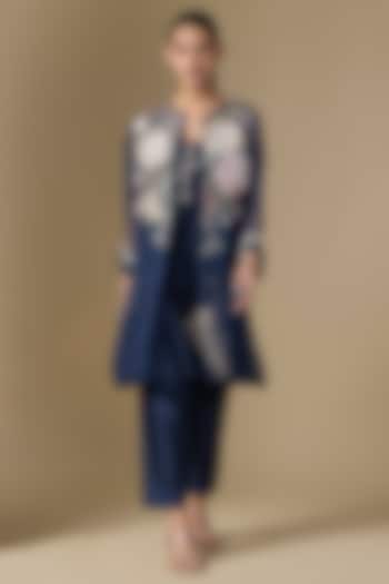 Blue Chanderi & Organza Hand Embroidered Jacket Kurta Set by Half Full Curve at Pernia's Pop Up Shop