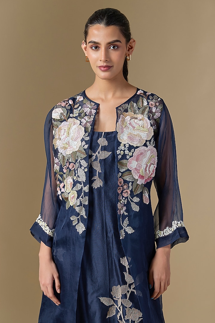 Blue Chanderi & Organza Hand Embroidered Jacket Kurta Set by Half Full Curve at Pernia's Pop Up Shop