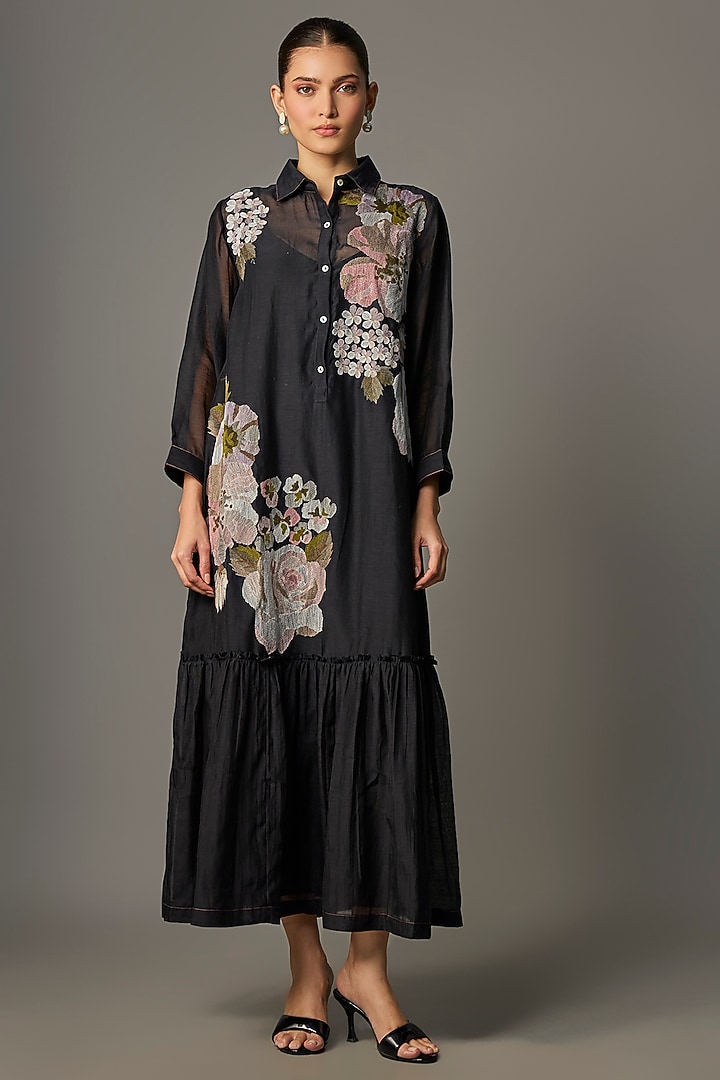 Black Fine Chanderi Embroidered Flapper Midi Shirt Tunic by Half Full Curve at Pernia's Pop Up Shop