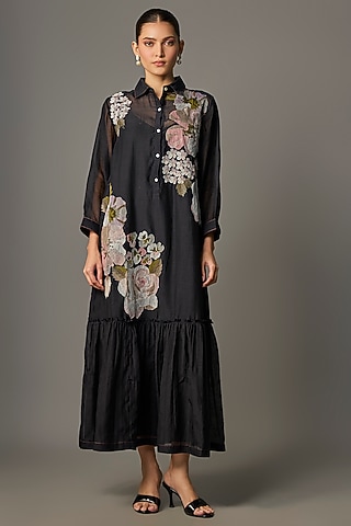 Black Fine Chanderi Embroidered Flapper Midi Shirt Tunic by Half Full Curve